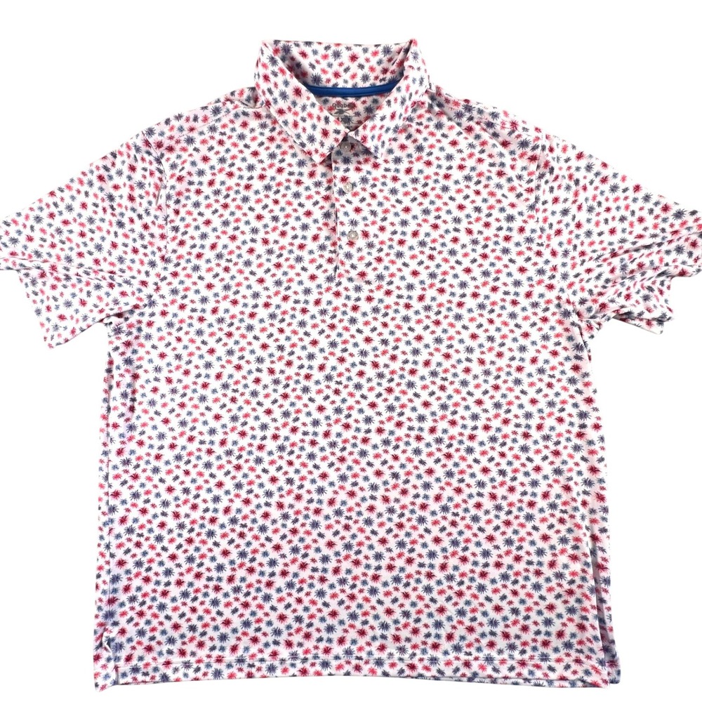 Reebok Mens Golf Polo Shirt XL White Red Blue Fireworks Performance Short Slv